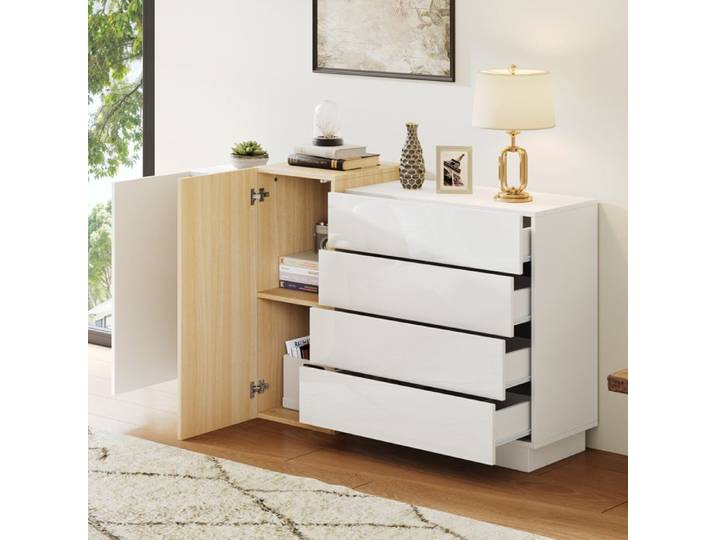 Buffet minimaliste en bois double portes et quatre tiroirs meuble de rangement brillant 140×35 × 76 5 cm buffet de salon blanc