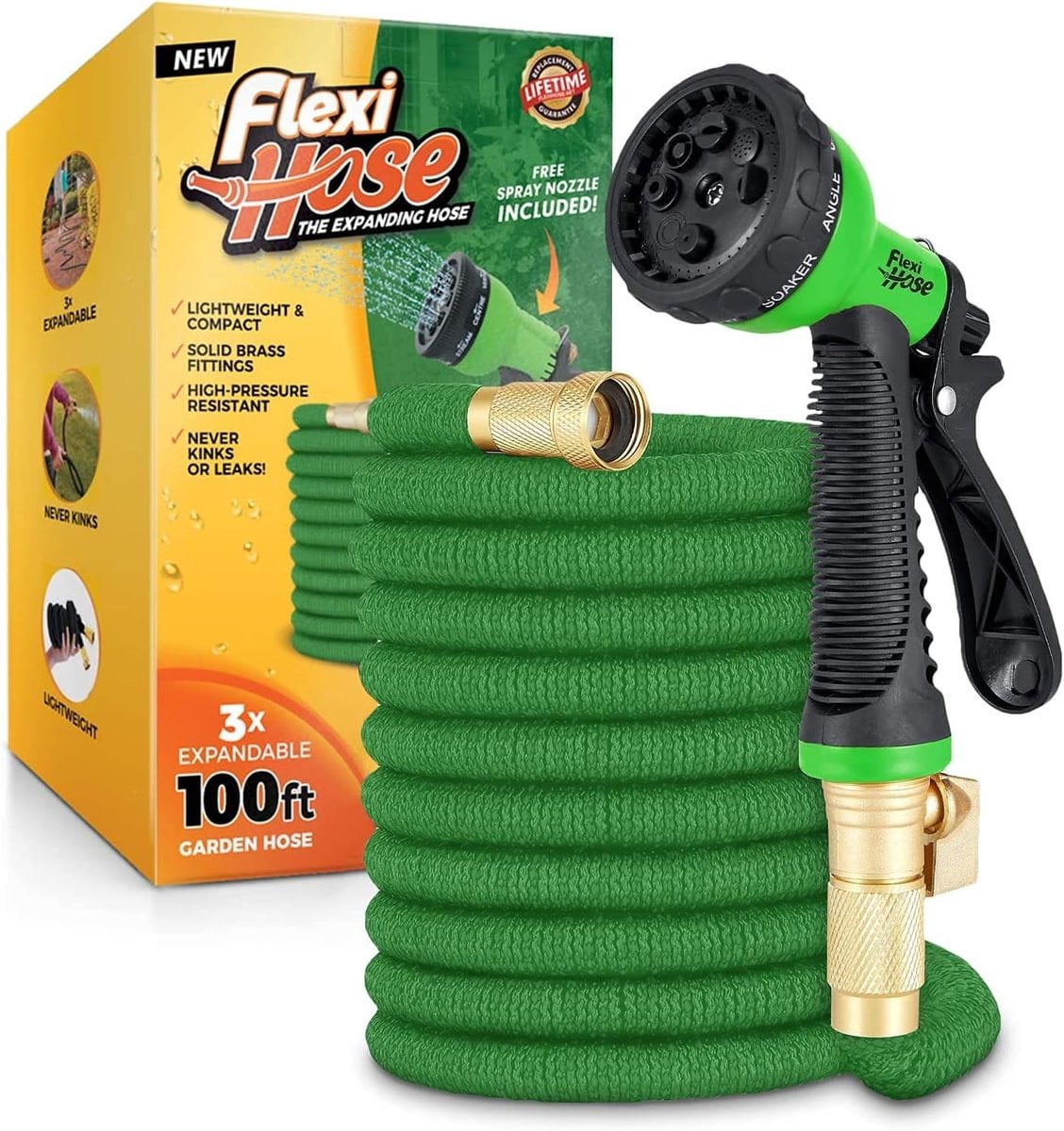 Groene uitbreidbare tuinslang van 30 meter met messing koppelingen voor het besproeien van je tuin
