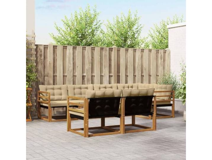 RJPLMFV Ecksofa-Set, 7-teilig, Akazie, Natur, Beige Rahmen aus massivem Akazienholz, wetterfeste Textilene-Kissen, modulares Design, Rückenlehne und Armlehnen