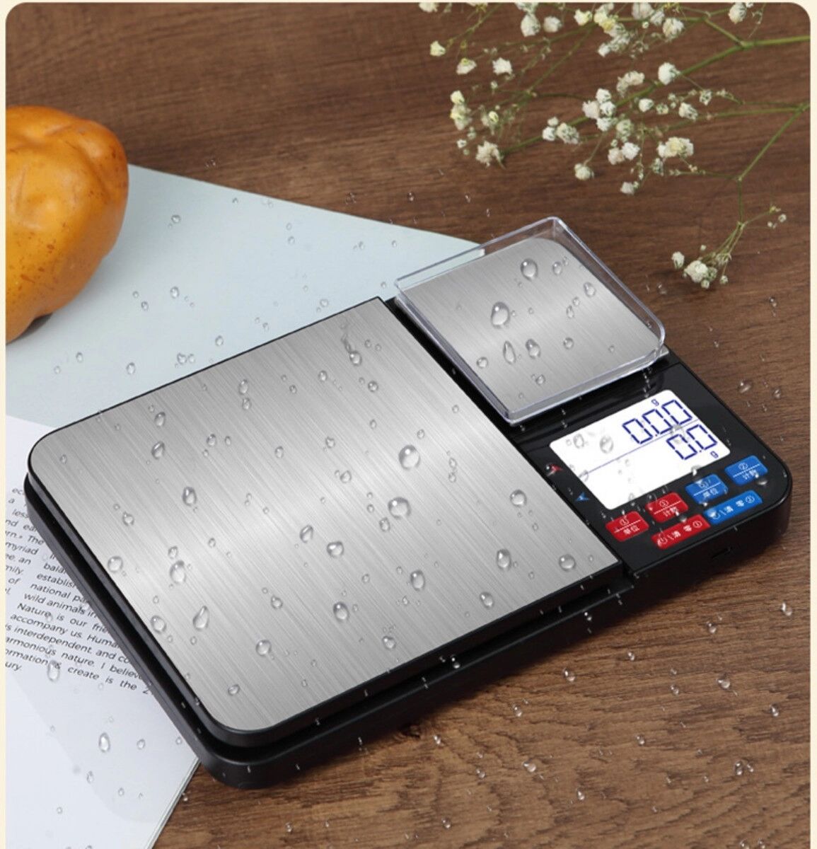INF Küchenwaage mit Dual-Plattform, Edelstahl+ABS, batteriebetrieben, 3kg/0.1g & 200g/0.01g Präzision, Doppelwaage