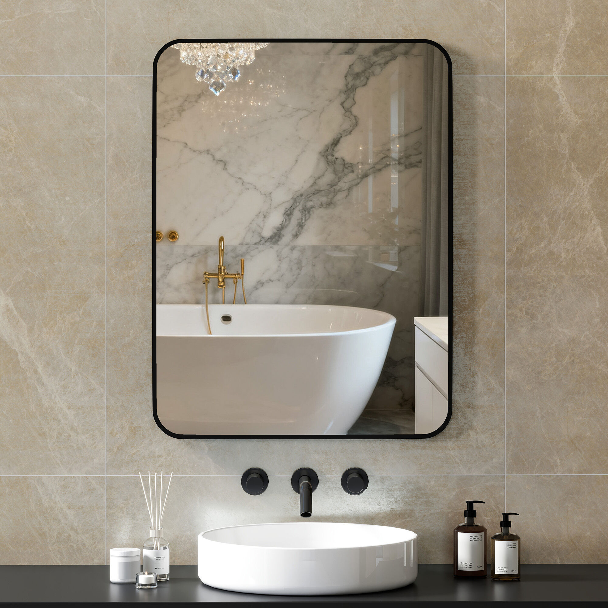 Altro Specchio Bagno Con Cornice In Metallo E Gancio, 60x2.5x80 Cm, Nero