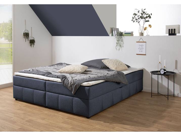 Boxbett, Tonnentaschenfederkern, Denim-Blau, 200×200 cm, Mit Bettkasten, Klassisch, Home Affaire