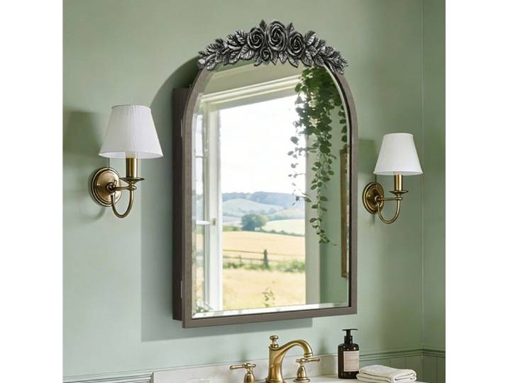 Armoire à Miroir Rétro Baroque à Motif Rose en Résine - Miroir Anticassé avec Tabletres 51 x 76.5 cm