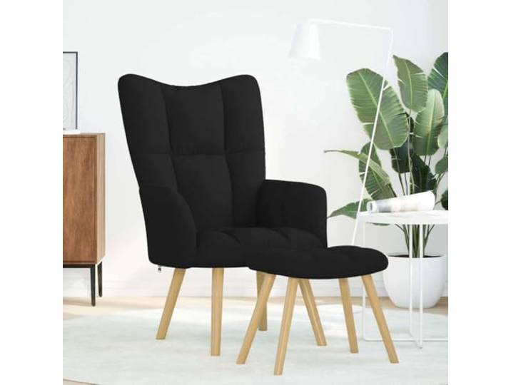 Relaxsessel mit Hocker Schwarz Stoff Polyestergewebe, atmungsaktiv, strapazierfähig, Gestell aus Holz und Metall, gepolsterte Armlehnen, Fußstütze