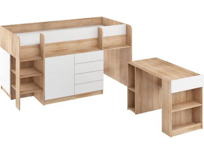 FurnitureByJDM Hochbett mit Schreibtisch, Schubladen & Bücherregal Platzsparendes Kinderbett 90x200 cm Matratzengröße – Linksseitige Treppe – SMILE (Eiche Sonoma/Weiß)