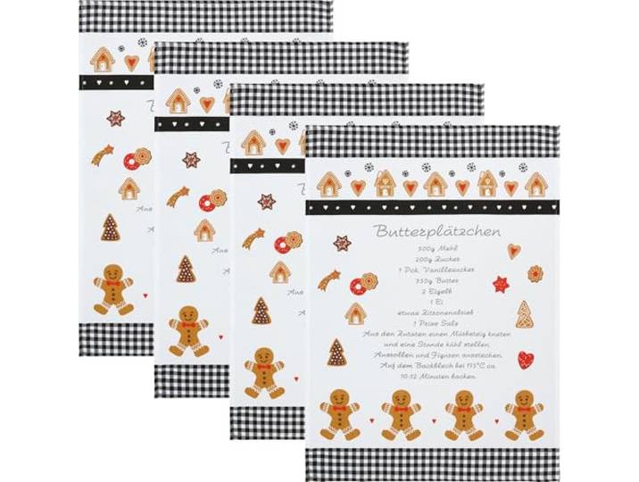 Erwin Müller Geschirrtuch Butterplätzchen 4er-Pack Baumwolle schwarz-braun Größe 50x70 cm - strapazierfähig, saugstark, weihnachtliches Motiv