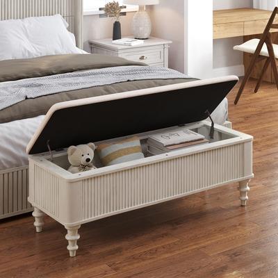 Storage Ottoman Bench-Solid Rubberwood Bed End Bench with Linen Seat