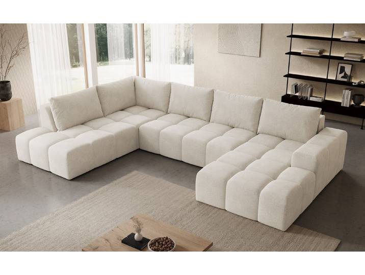 PROMETO Möbel Ecksofa U-Sofa, Große Sofa im Cord-Stoff, Teddy-Boucle oder Web, 2 Ottomanen, Großes U-Sofa mit Cordstoff-Bezug, zwei Ottomanen