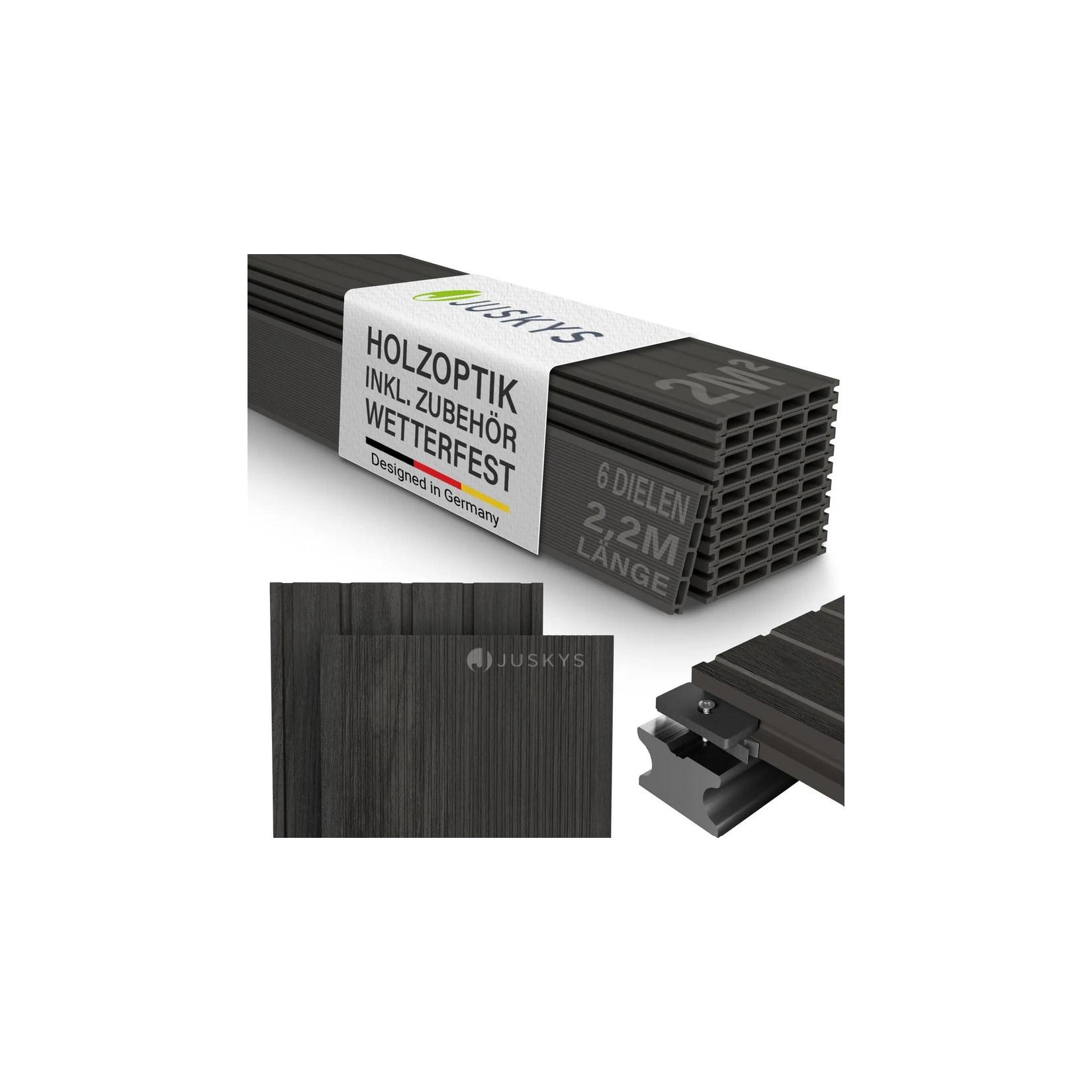 Juskys WPC Terrassendielen 2 m² – 220 cm Dielen, wetterfest inkl. Unterkonstruktion – Grau