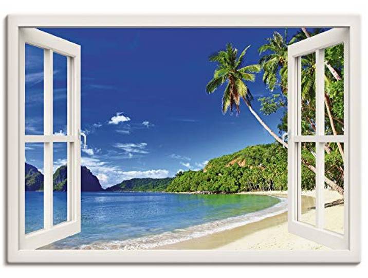 ARTLAND Wanddeko Leinwand Bilder Wandbild 100x70 cm Fensterblick Karibik Südsee Strand Meer Insel Palmen Meerblick S9IB