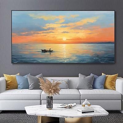 handgemaltes Kunstwerk, ruhiger Sonnenuntergang, Meereslandschaft, Ölgemälde auf Leinwand, ruhiger See mit Boot, abstraktes Himmelswandbild, Wohnzimmer, Heimdekoration, Einweihungsgeschenk, gerolltes,