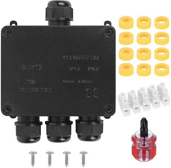 Waterdichte 4-voudige aansluitdoos IP68 kabeldoos voor buitentoepassingen zwart B: 14,3 cm, D: 12,0 cm, H: 5,0 cm