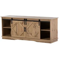 OKWISH TV-Ständer 150x40x60 cm 65 Zoll mit Scheunentor, 6 Fächer & 2 verstellbare Regale, stabiler Fernsehtisch, modernes Bauernhaus, Rustic Brown