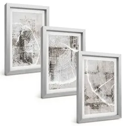 BILDER SET 3er Set - 20x30 cm Silberner Rahmen - Graue Holzmaserungsmuster
