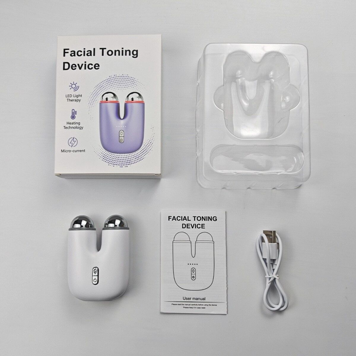 INF 3-in-1 EMS-Gesichts- und Nackenmassager mit Wärme, LED-Licht und Rollen mit zwei Metallkontakten Weiß