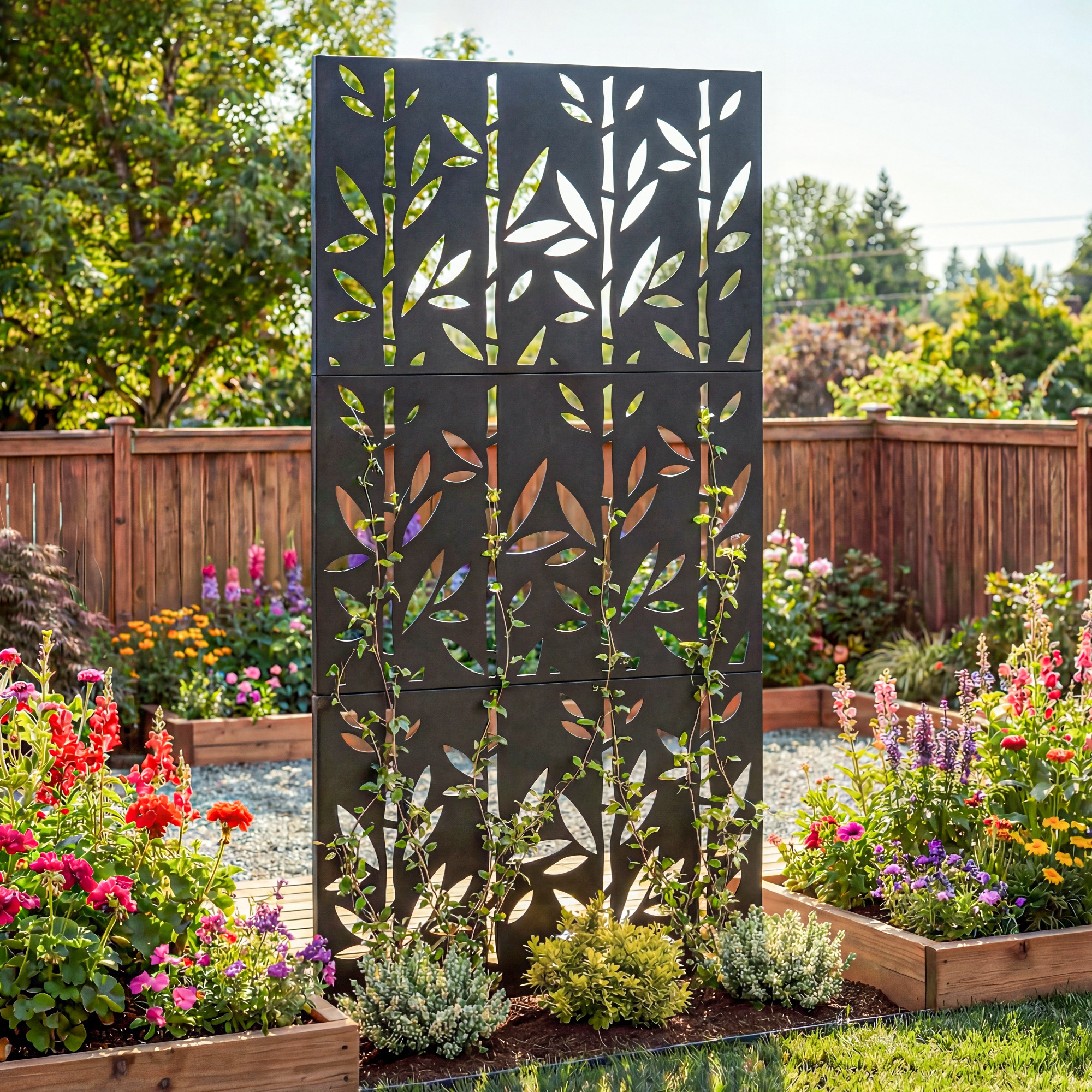 Outsunny Pannello frangivista decorativo esterno Claustra decorativo giardino 3 pannelli motivo bambù metallo 92x40x192cm Nero   Aosom Italy