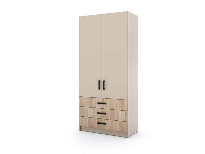 Marlux-Meble Kleiderschrank Sigma 90 cm breit mit 2 Drehtüren und 3 Schubladen Korpus in Kaschmir Schlafzimmerschrank Kinderzimmerschrank Systemschrank (Türen-Kaschmir, Schubladen-Sonoma-Eiche)
