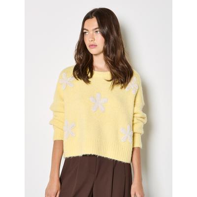 Strickpullover APRICOT "Strickpullover", Damen, Gr. S (36), gelb, Strick, Obermaterial: 73% Polyacryl PAN. 17% Nylon NY. 10% Wolle mw., geblümt, Gerippt, Pullover Strickpullover, mit Gänseblümchen-Applikation