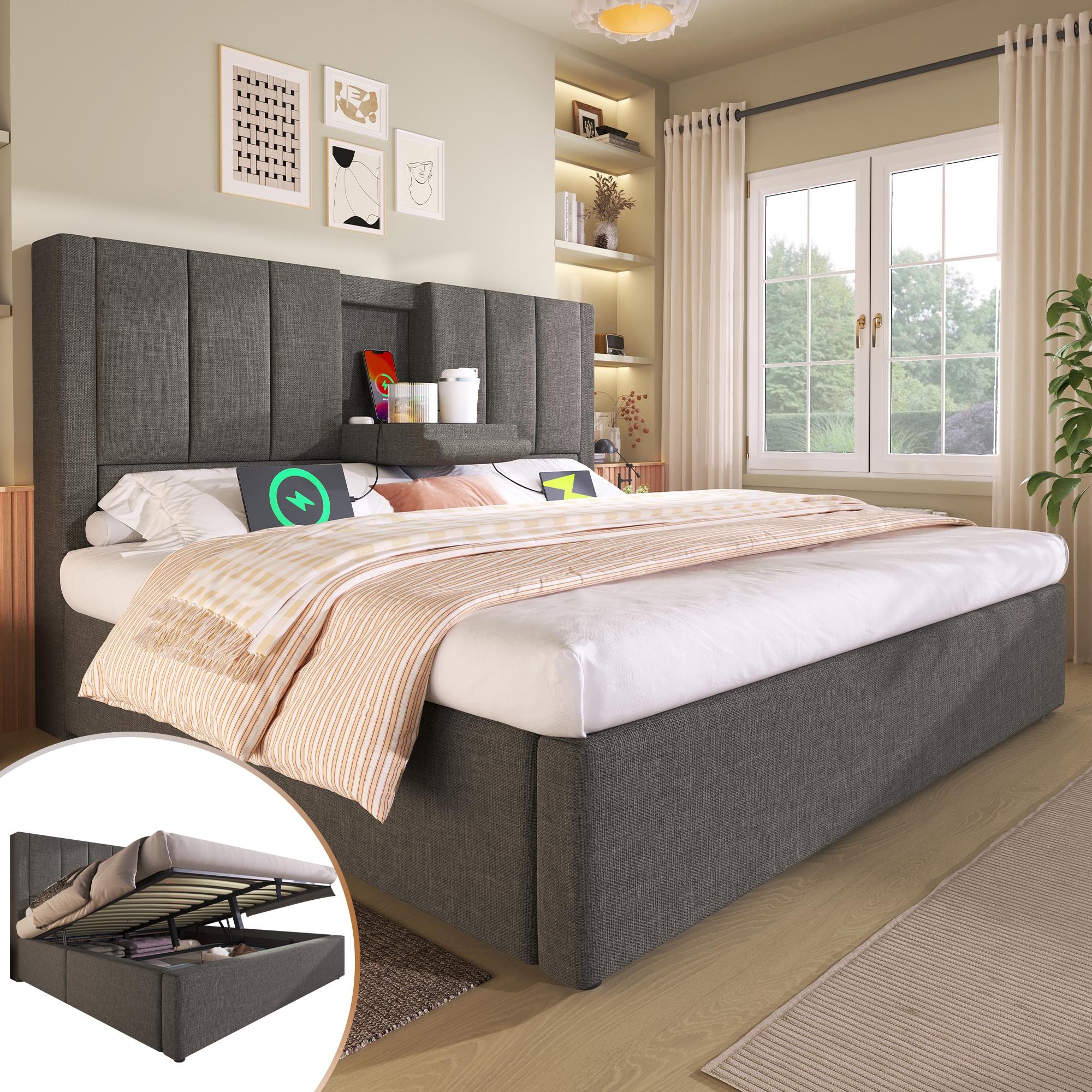 Polsterbett 180x200 cm Doppelbett mit verstecktem Becherhalter & Ladestation, Hydraulisches Bett mit Stauraum unter dem Bett, Inkl. Lattenrost