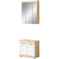 BADMÖBEL-SET weiß Hochglanz, Eiche 2-teilig 60 cm, Kombination mit 11 Fächern