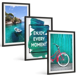 BILDER SET 3er Set - 40x60 cm Schwarzer Rahmen - Inspiration für ein Fahrrad mit Seeboot