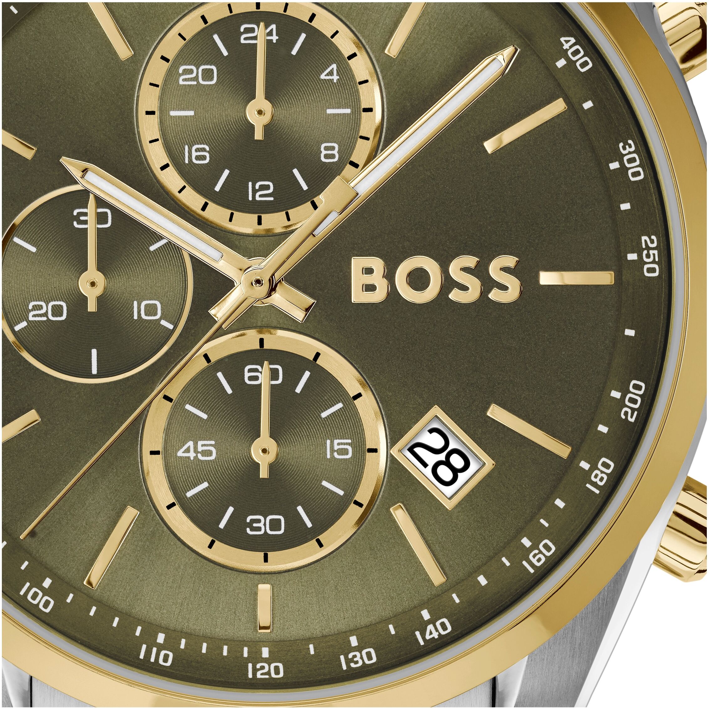 Chronograph BOSS "GRAND PRIX 44", gold (silberfarben, grün, grün), Armbanduhren, Herren, silberfarben-goldfarben, Chronograph, Quarzuhr, Armbanduhr, Herrenuhr, Edelstahlarmband, analog, Tag