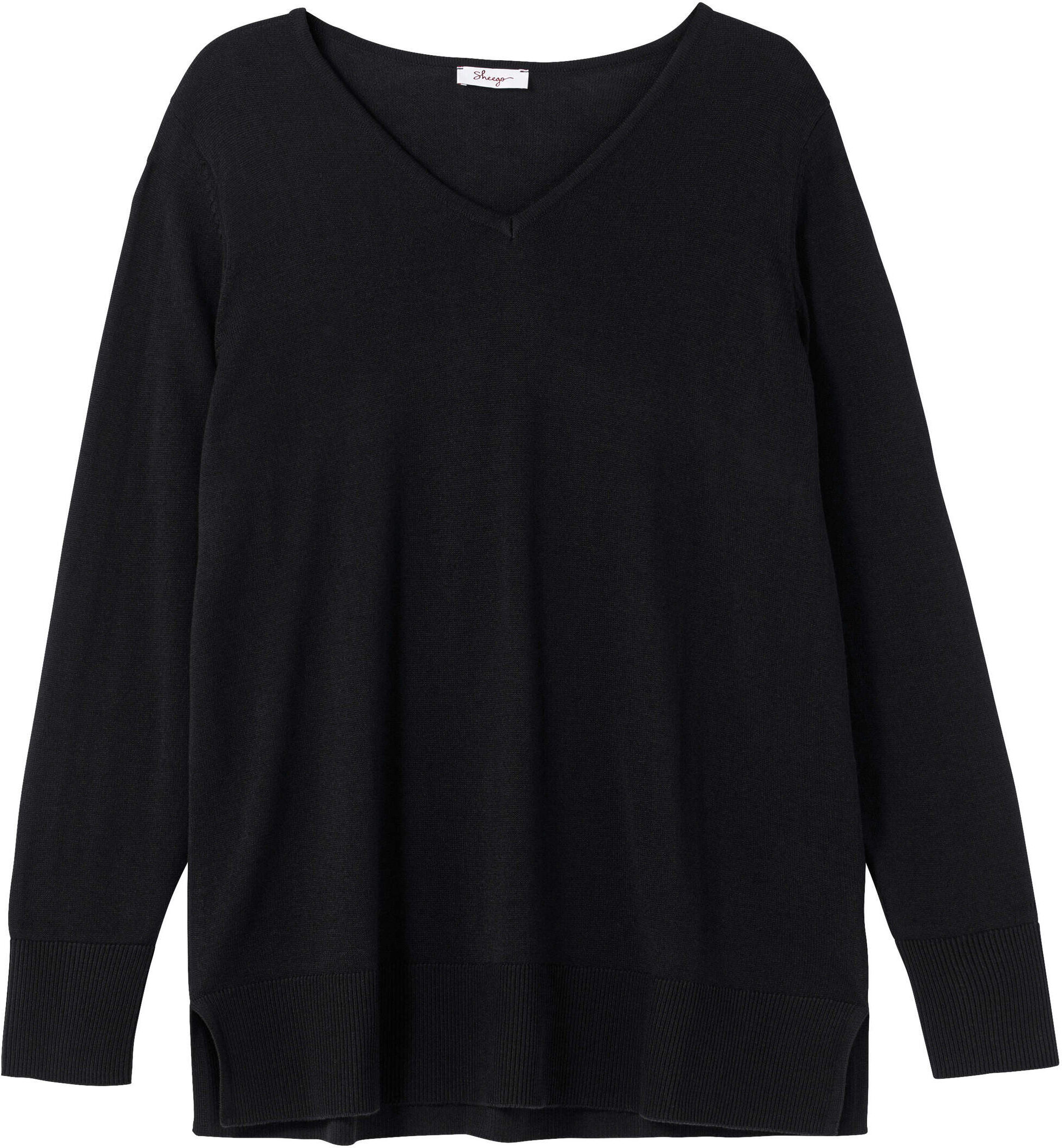 Longpullover SHEEGO "V-Ausschnitt-Pullover Strickpullover mit V-Ausschnitt", Damen, Gr. 56/58, schwarz, Modisch, V-Ausschnitt, Pullover Longpullover