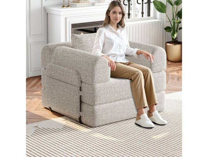 ROVRYN Fauteuil canapé-lit 1 place 2-en-1 en chenille kaki avec rangement d'accoudoir