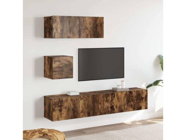 HEFZGDB 4-TLG. TV-Schrank-Set Räuchereiche Holzwerkstoff mit Wandmontage und viel Stauraum für Multimedia
