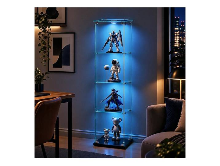 Simurq Glasvitrine Standvitrine mit Glastüren, Vitrine Glas mit LED, Vitrinenschrank (Eckglasanzeigeschrank, Sammlervitrine,Rahmenloses Design) Eckglasanzeigeschrank, Sammlervitrine, Rahmenloses Design