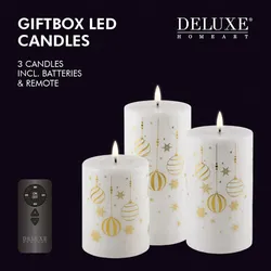 Weihnachts-Giftbox Stumpenkerzen LED weiß/gold mit Aufdruck