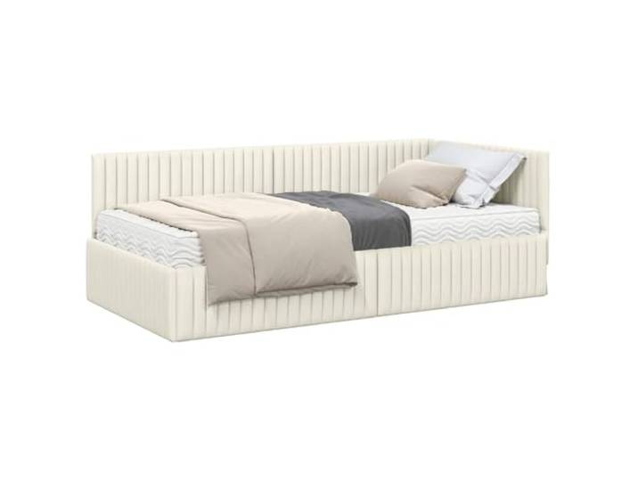 PUGYNBK Eckbett aus Samt, cremefarben, mit Matratze, 2 Stück Wandkopfteil, Lattenrahmen, feste Halterung, weicher Samtstoff