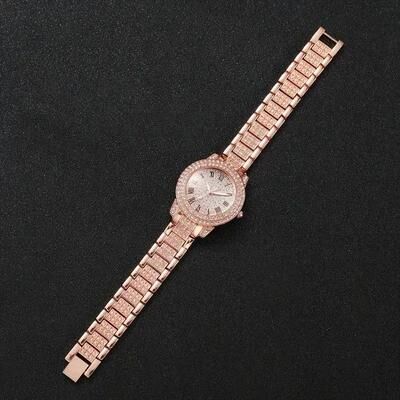 Uplift Essentials Luxury Roman Numeral Full Diamond Watch Gift Set Elegant Alloy Quartz Timepiece And Matching Jewelry For Business And rose Gold