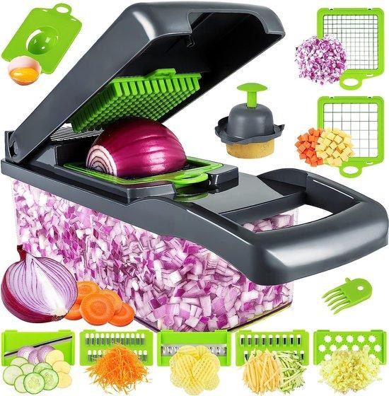 Multifunctionele 18-in-1 mandoline en groentesnijder met container en roestvrijstalen messen, grijs