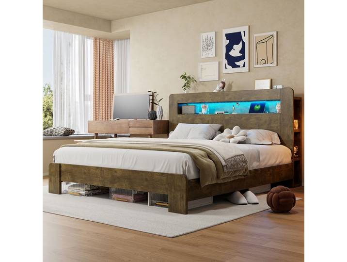 Lit plateforme - CIPACHO - 180 x 200 cm - Tête de lit avec rangement - LED intégrée - Prises intégrées