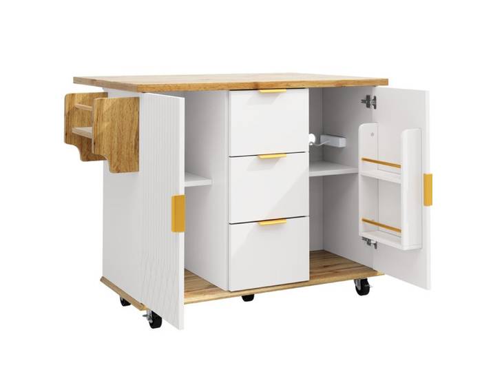 Îlot de cuisine mobile – Chariot de cuisine blanc – Plan de travail rabattable – Prise intégrée – 70 kg