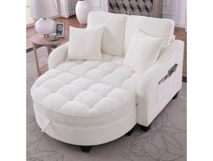Canapé-lit - FUNMOON - Funmoon - 1 place - Chenille beige - Pouf de rangement