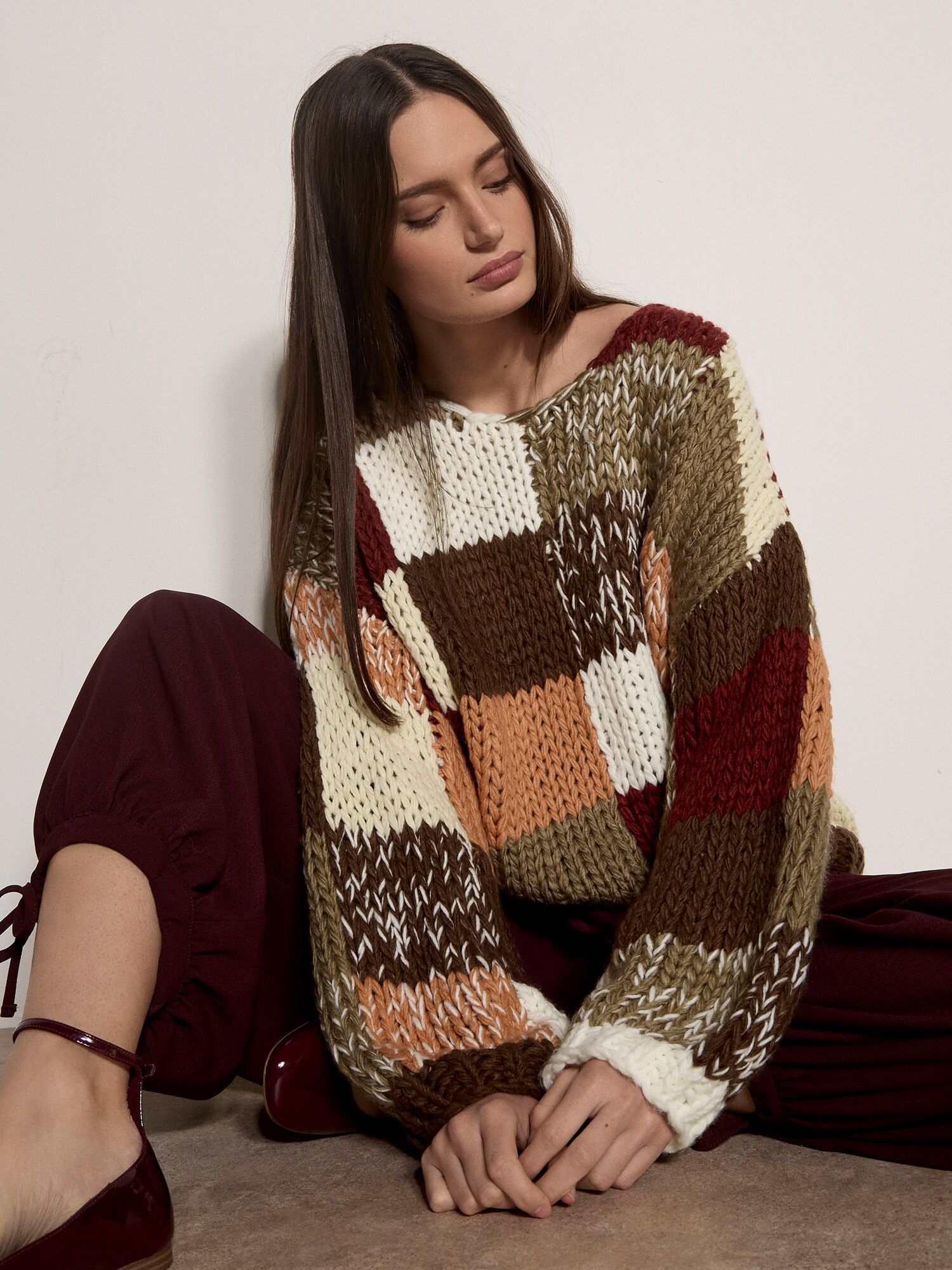 Strickpullover APRICOT "Patchwork-Pullover", Damen, Gr. M, braun, Strick, , Modisch, oversize Normale Länge, U-Boot-Ausschnitt, Pullover Strickpullover, in Grobstrick