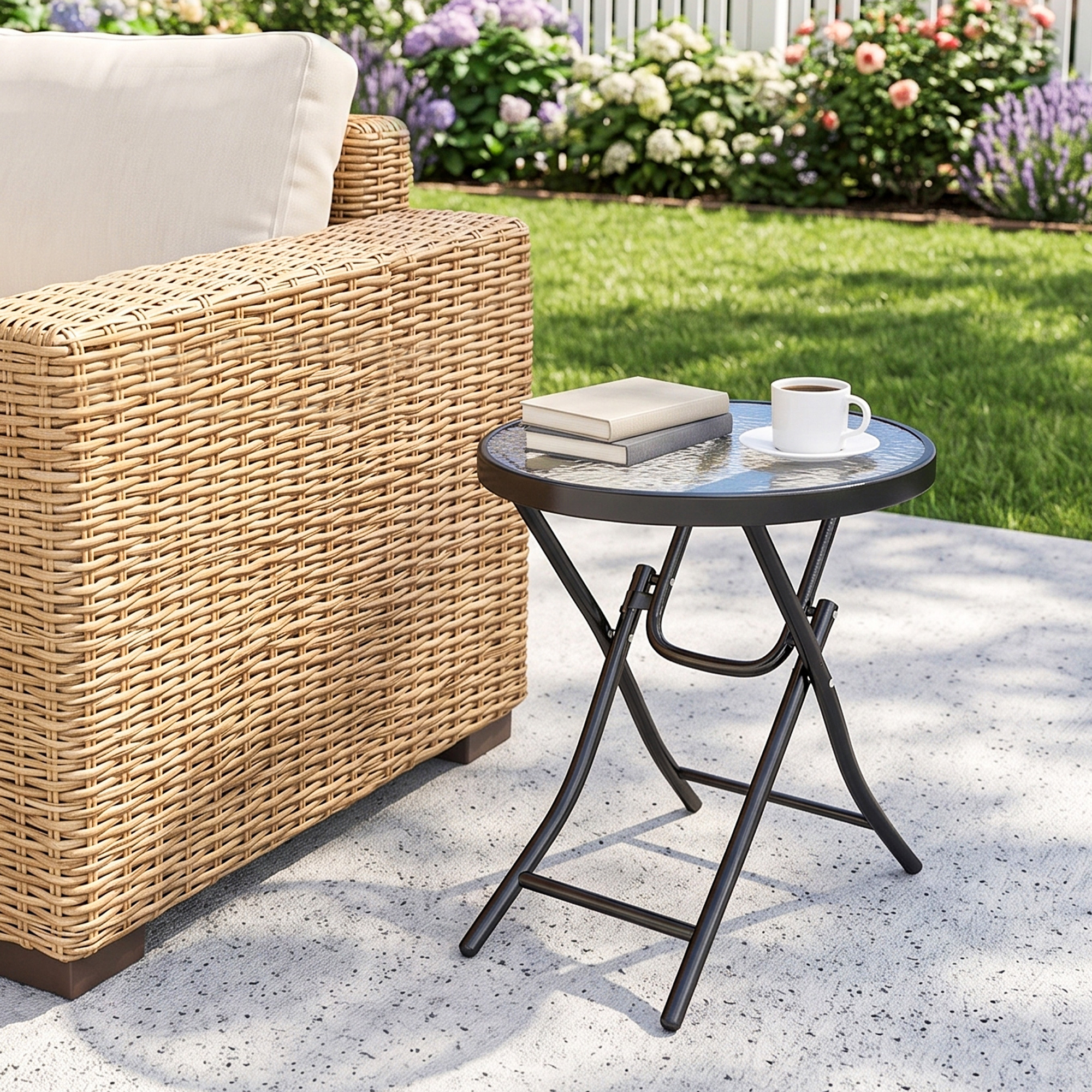 Outsunny Tavolo da Giardino Pieghevole Nero in Metallo con Ripiano in Vetro, Diametro 45x50cm, Blocco di Sicurezza Aosom