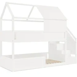 MODFU Etagenbett aus Massivholz, Weiß, 80x200 cm, gewerblich geeignet für Mehrbettzimmer, mit Treppe und Dachdesign