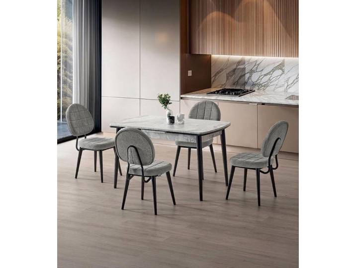 JVmoebel Esstisch Esszimmer-Set Esstisch 4x Stuhl Grau Komfortabel Marmor Modern, Made in Europa