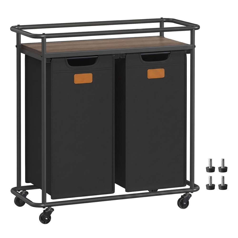 VASAGLE Wäschekorb mit 2 Fächern, Rollen und Ablage, 100 L, Schwarz-Braun BLHB35102BH01