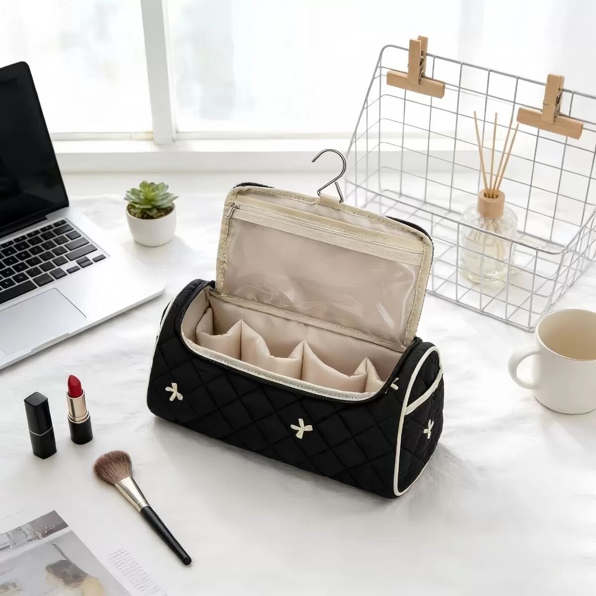 INF Sac de voyage pour sèche-cheveux brodé - Grande capacité en polyester, multi-compartiments, poignée de transport Le noir