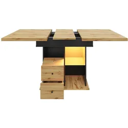MODFU Esstisch aus MDF in Schwarz/Natur 110-140x80x75 cm, gewerblich geeignet, ausziehbar, LED, USB für Gastronomie und Lounge