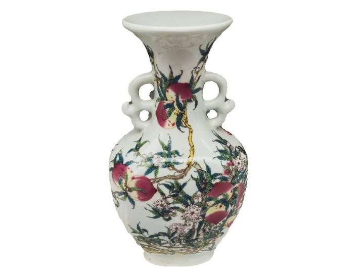 Vase à Double oreille à motifs de pêche Pastel, Collection de porcelaine ancienne chinoise, pièce décorative Vintage