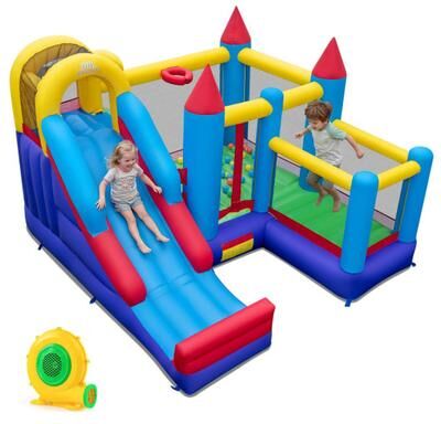 Costway 4-in-1 Kids Bouncer with Long Slide and Jumping Area for Yard and Lawn with 680W Blower