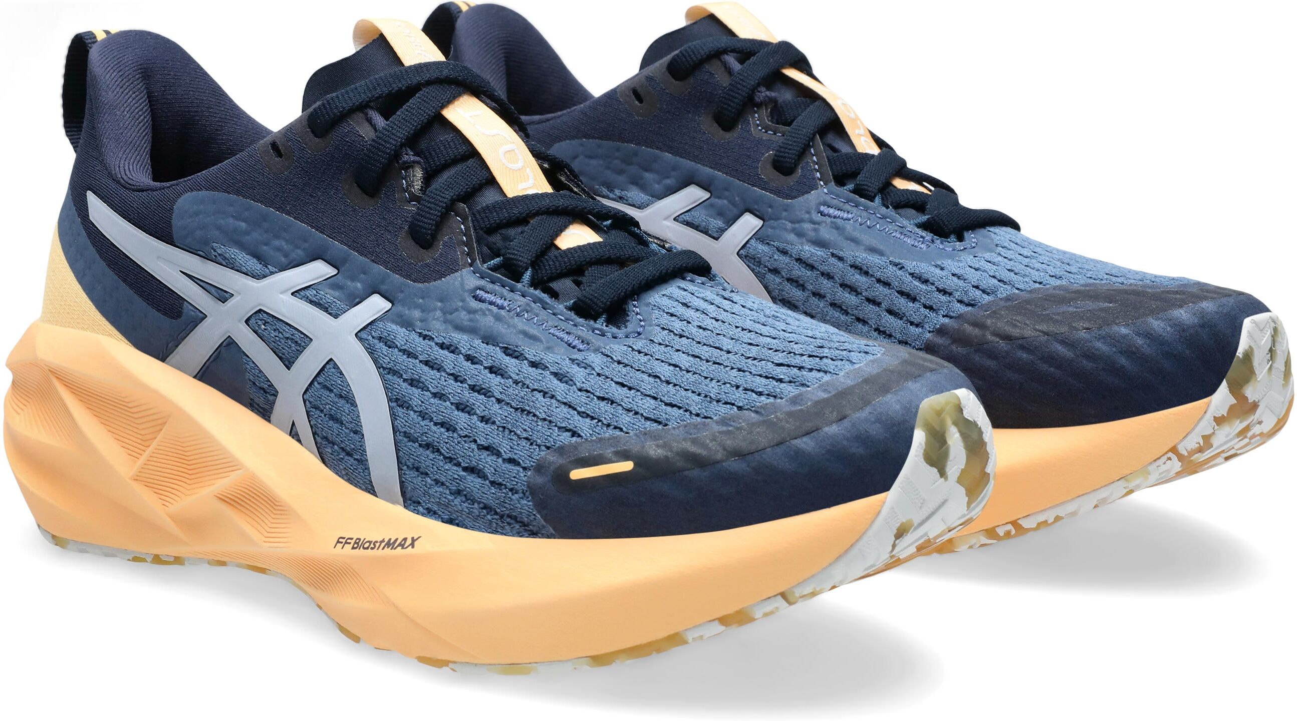 Laufschuh ASICS "NOVABLAST 5 LITE-SHOW", Damen, Gr. 37,5, blau (lite, show, orange glow), Textil, Schuhe Laufschuh, mit reflektierenden Elementen lite, show, orange glow 37,5