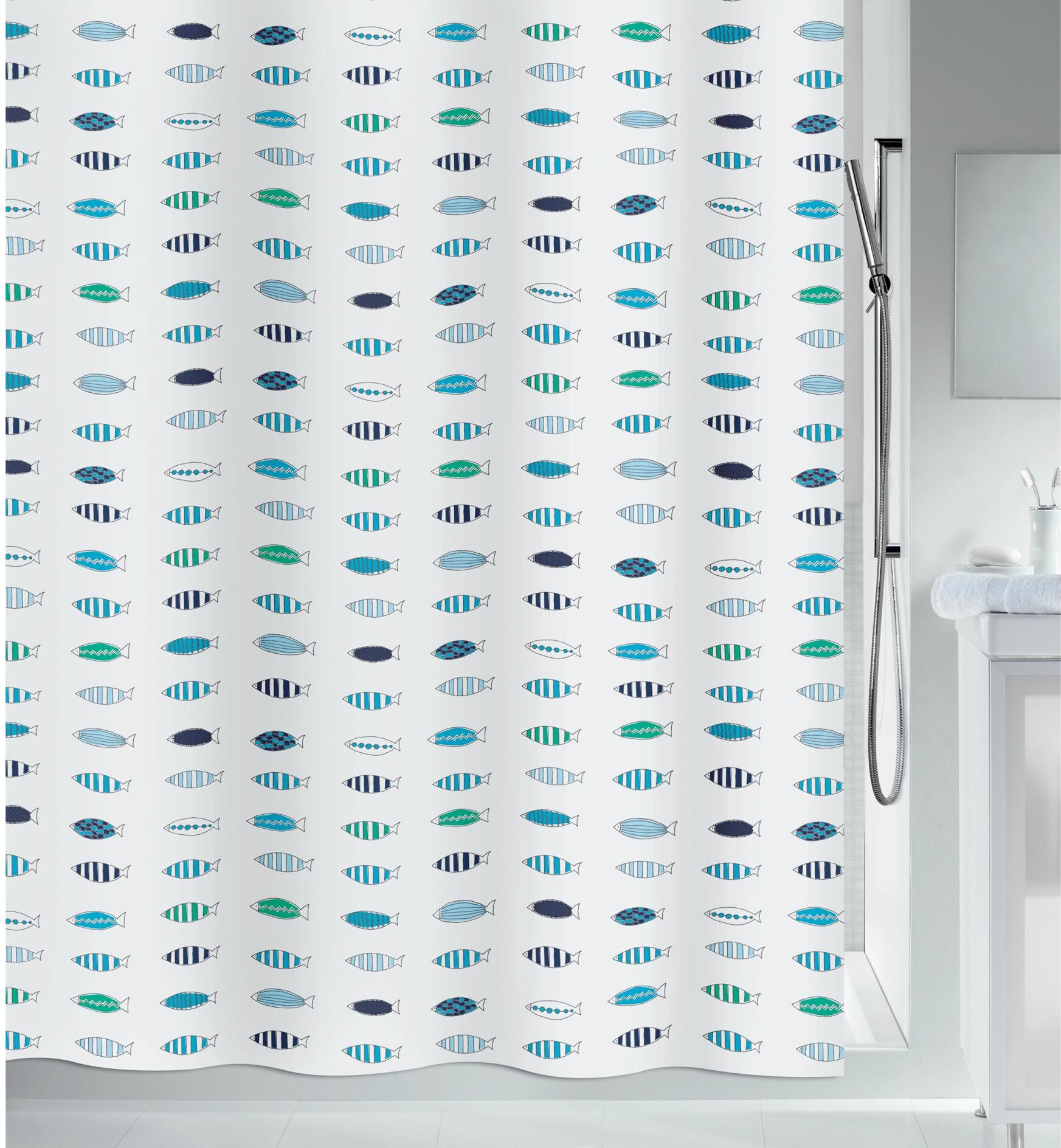 Duschvorhang SPIRELLA "spirella Duschvorhang Santorini 200", blau, B:180cm H:200cm, Polyester, Duschvorhänge, Duschvorhang blau B/H: 180cm x 200cm