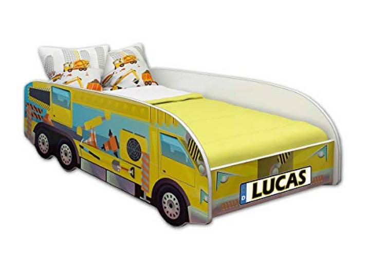 ACMA Kinderbett LKW Truck 140x70 cm Autobett Juniorbett für Kinder ohne Matratze und Lattenrost, Spielbett ohne Rausfallschutz, Kinderzimmer Bettmöbel, Design 02 Kran + Name