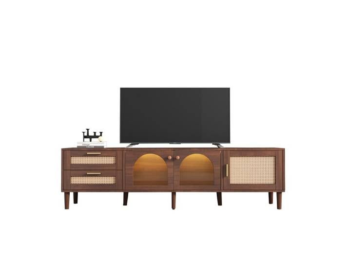 Meuble TV - HIBA - Meuble TV 180 cm - 2 tiroirs rotin - 2 portes vitrées cintrées - LED intégrée
